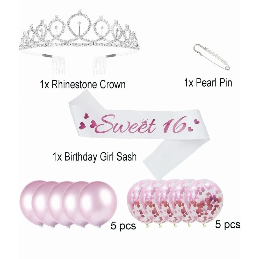 Sweet 16 Sash and Rhinestone Tiara, Pearl Pin & 10 Balloons NEW